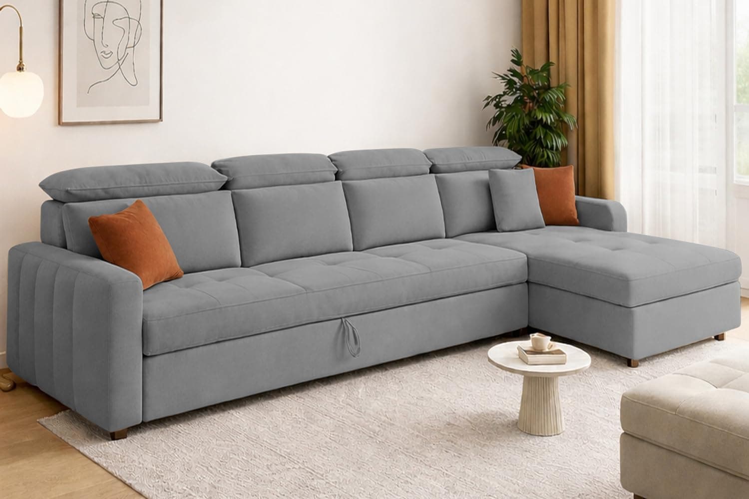 Casaliving Gagnon RHS 6 Seater L Shape Corner Sofa Cum Bed for Living Room (Dark Grey Fabric) Premium Fabric Sofa