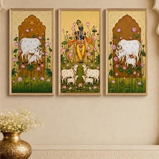 Livin'luxe Set of 3 Krishna Cow Lotus Pichwai Wall Paintings with Sparkle Laminate, Premium Wooden Synthetic Frame, Religious Art for Living Room Pooja Temple Decor