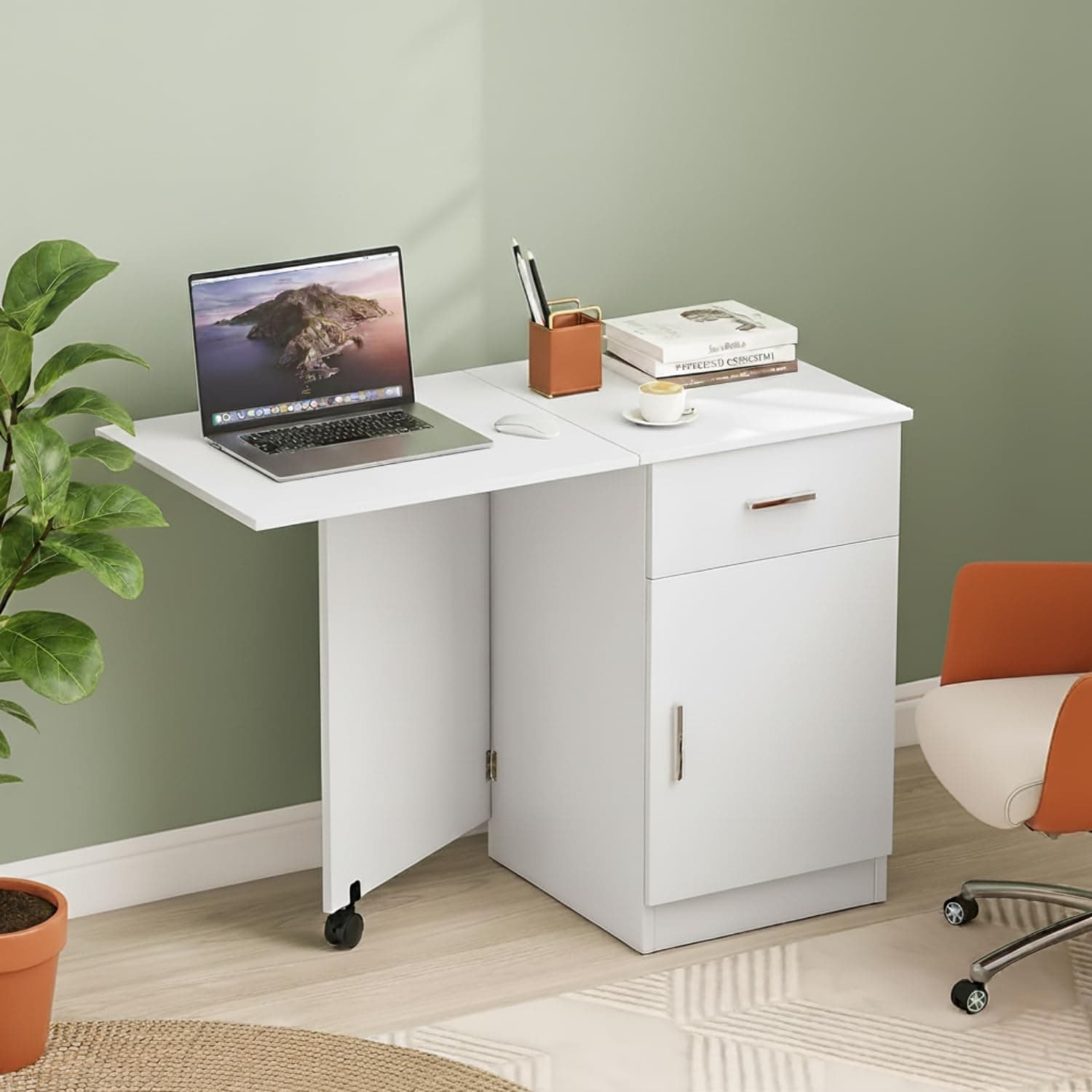 TEKAVO Clipper Foldable Table I Computer Table for Home Pc I Office Table for Home Office I Storage and Folding Office Desk, Space Saving I Drawer & Door I White Wood (104 Cm x 50 Cm x 75 Cm) - DIY