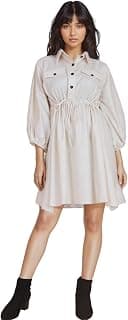 M.I.H.A.M.I Creamy Breeze [Women Western Dress] | Knee Length Midi Dress | Women Khadi Wear Dress | Summer Wear Women One Piece Dress | Beige Western Midi Dress | Oversized Shirt Dress for Ladies