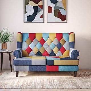 Urban Ladder Minnelli Loveseat | Retro Patchwork | Stylish 2-Seater Sofa | Sturdy Wooden Frame | High-Density Foam Cushioning | Contemporary & Vibrant Design | Living Room & Lounge Seating