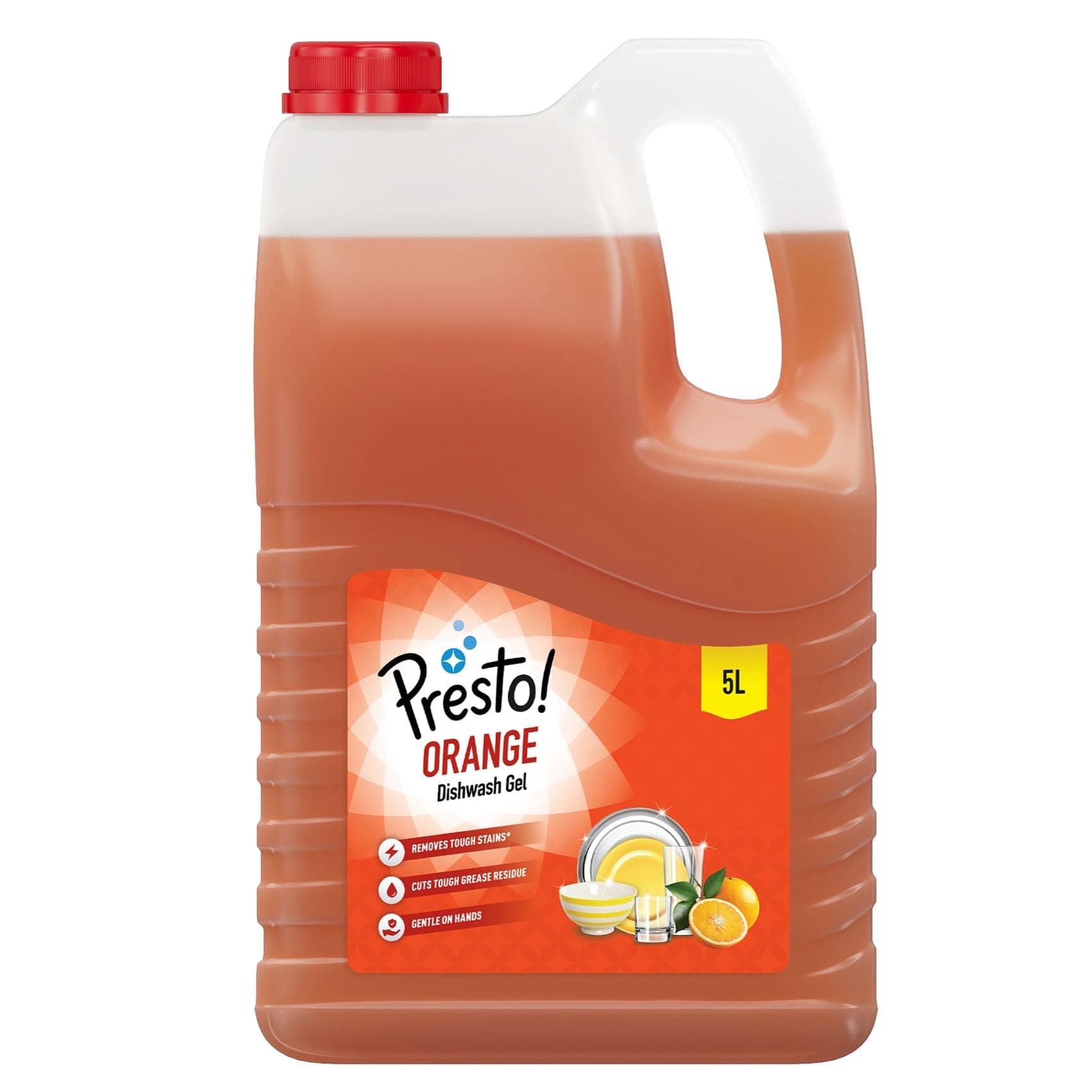 Amazon Brand - Presto! Dishwash Gel Refill Can | Orange | 5 Litre | Leaves No Residue and Foul Smell | Grease Cleaner For All Utensils