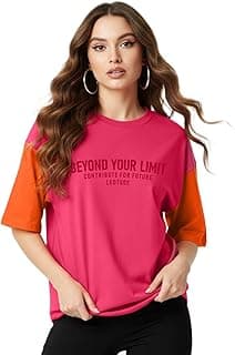 LEOTUDE Half Sleeve Cottonblend Oversized Tshirt for Women, Round Neck Longline Printed Raglan Sleeve Colourblocked Drop Shoulder Baggie T-Shirt Top for Woman (Color Pink)