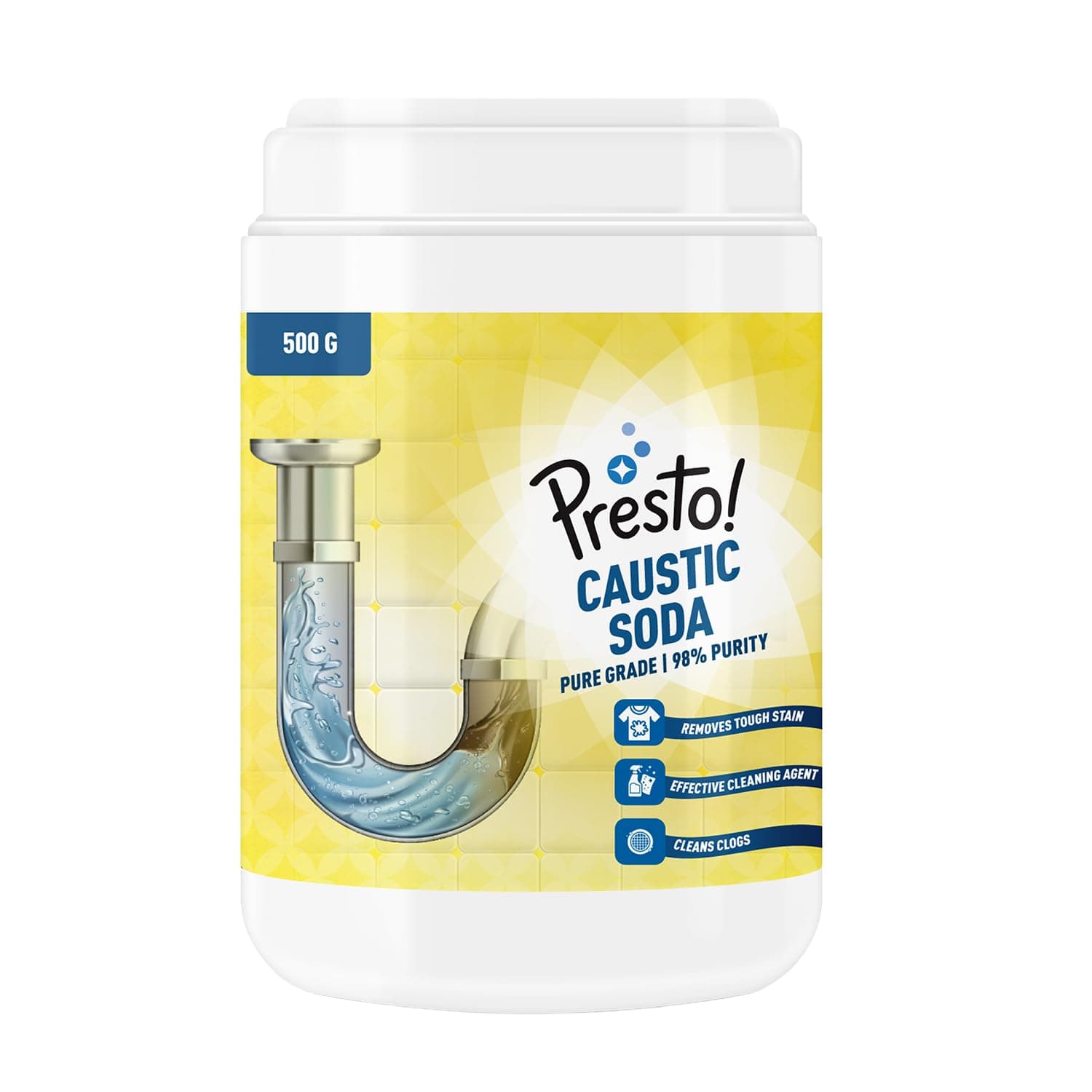 Amazon Brand - Presto! Caustic Soda Powder | 500 Gram | 98% Pure | Powerful Pipe & Drain Cleaner | Tough Stain Remover | Industrial Use