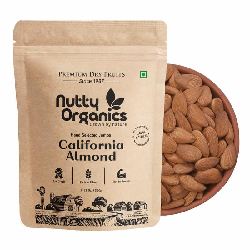Nutty Organics California Almonds 1000 Gm | Hand Selected Jumbo | Tasty & Healthy | High in Protein & Dietary Fiber | Nutritious | Healthy Dry Fruit