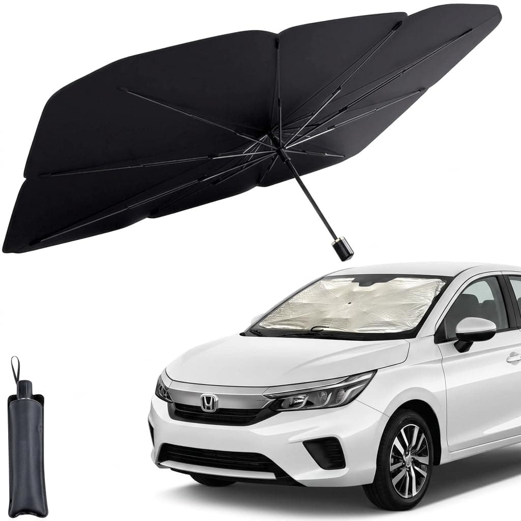 ARBORAUTO Car Windshield Sunshade Umbrella | Foldable 3 Layer Heat & UV Protector | Reflective Sunblocker | for Sedan, Mini SUV, | Medium Size | Black | NOT for Small Hatchback & Micro SUV