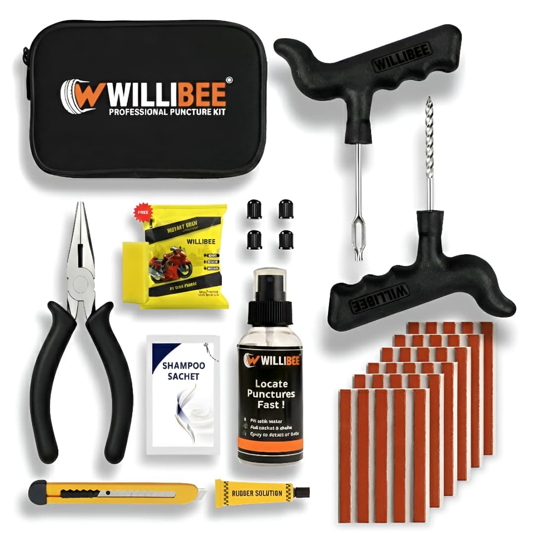 WILLIBEE 11-in-1 (Pack of 30 Strips) Tubeless Tyre Puncture Repair Kit for Car & Bike | Heavy-Duty Puncher Kit (Includes Storage Bag)