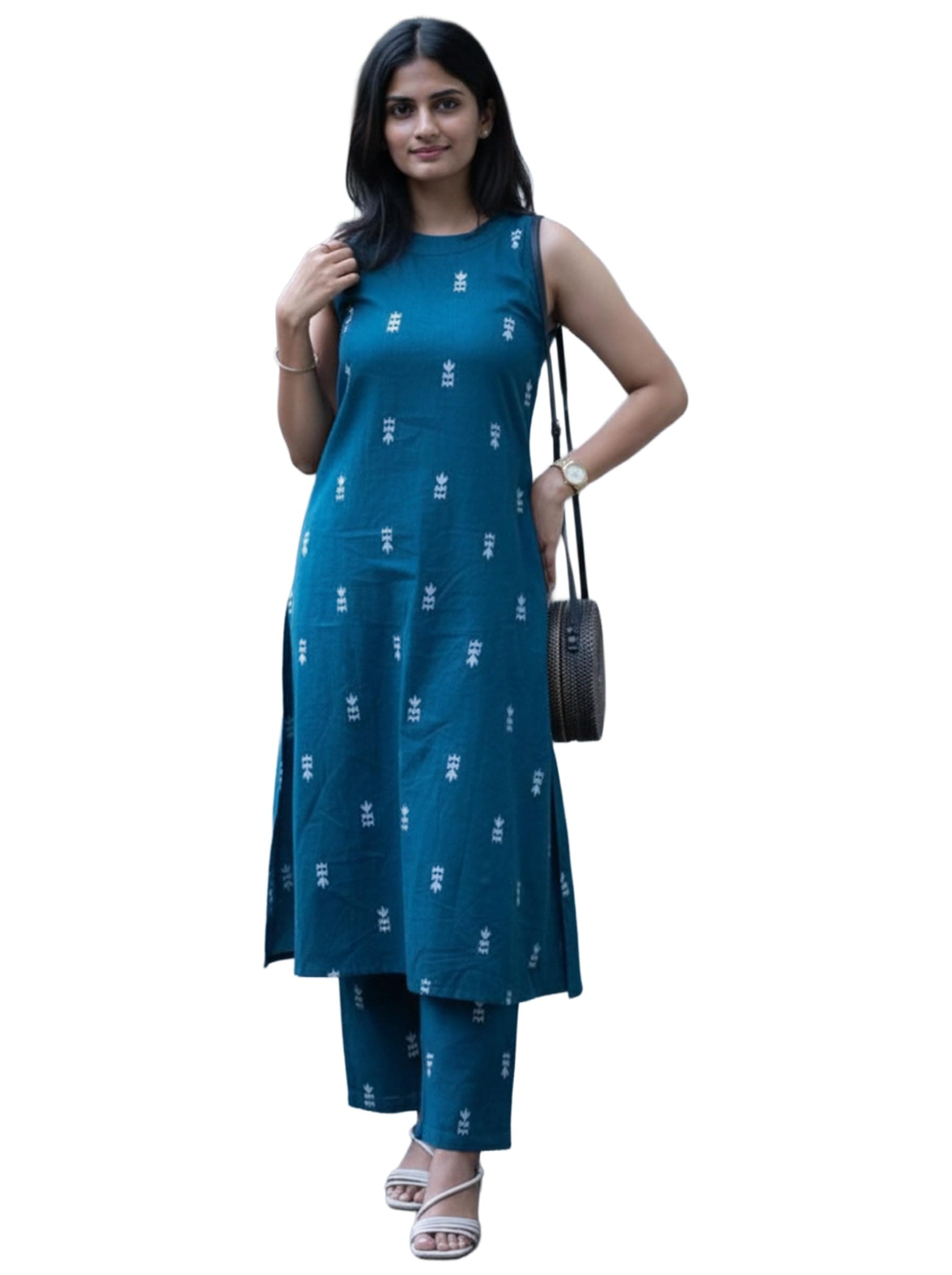 GoSriKi Women's Viscose Printed A-Line Kurta with Pant | Sleeveless Ethnic Kurta Set for Women | Casual Office Kurta Pant Set | Festive & Daily Dress Traditional Outfit
