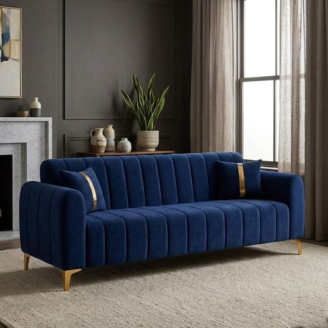 FURNY Harmony 3 Seater Fabric Sofa Set & Golden Legs (Dark Blue) with Velvet Finish | Durable Comfort | Ideal for Living Room