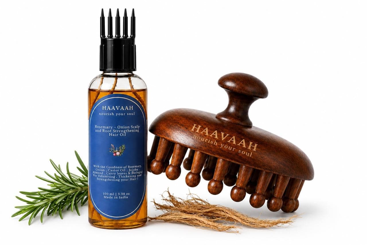 HAAVAAH 28 Teeth Natural Wood Hair and Scalp Massager Comb,Stress Relief & Detox Shampoo Brush,Wet and Dry Application for Reducing Dandruff and Stimulates Hair Growth - Onion & Rosemary HairOil Combo (28 Teeth Wooden Scalp Massager & Rosemary - Onion Hair Oil Combo)