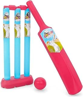 Storio Junior Cricket Set for Kids 2+ Years | Bat, Ball, Stumps, Bails & Holder | Plastic 20-20 Cricket Kit Toy for Boys & Girls | Birthday Gift | Red & Blue