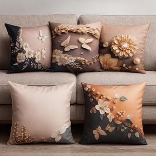3D Decorative Satin Sofa Cushion Covers Set of 5, 16 inch x 16 inch, Sofa Pillow Cover, Beige and Cream, Floral Design, Zipper Closure (Pearl Bloom, 16X16 Inches)