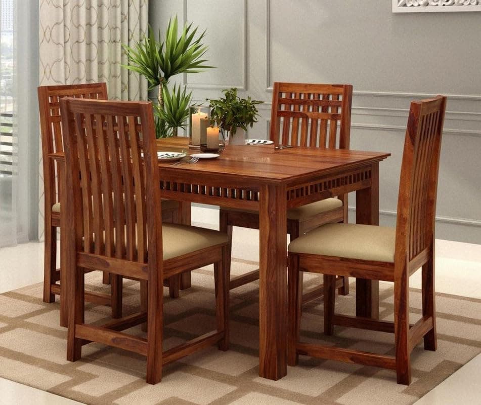 Winntage Solid Sheesham Wood 4 Seater Dining Table Set | Multipurpose Modern Dining Room Set with 4 Cushioned Chairs for Home Livingroom Dining Room Hall Office Restaurant and Hotel (Honey Finish)