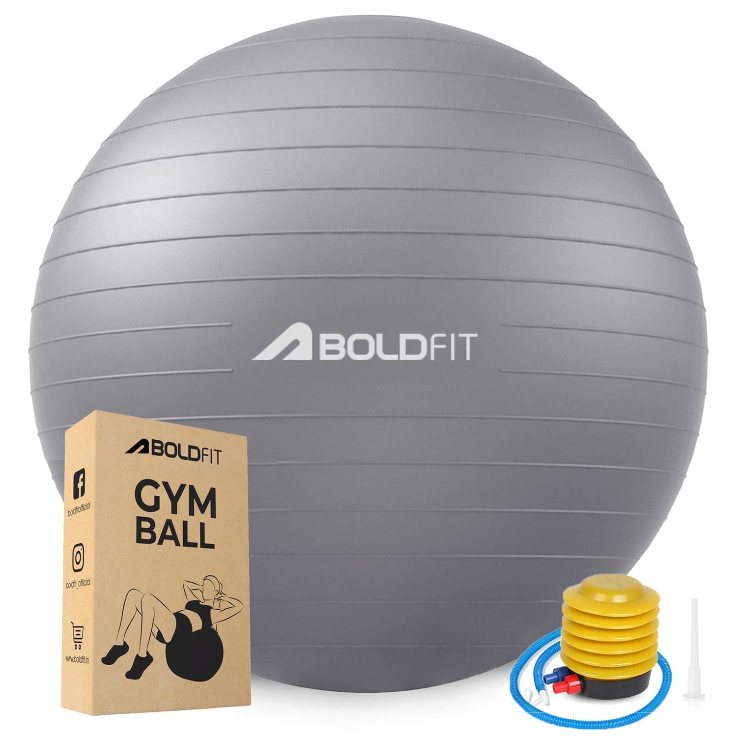 Boldfit Gym Ball for Exercise with Foot Pump for Workout Yoga for Women and Men Swiss Ball for Balance Stability Training, Fitness 85cm-Grey