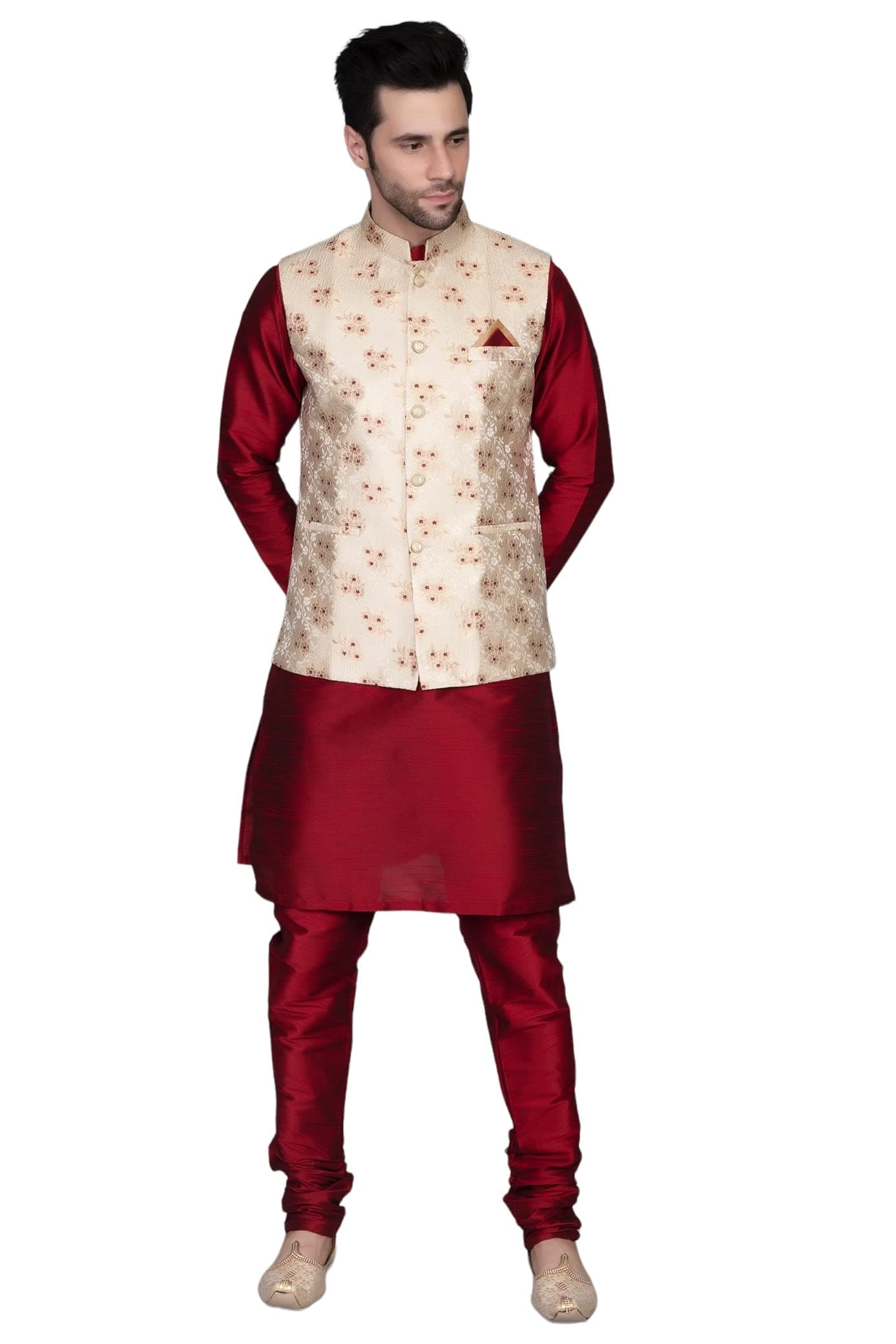 Ethluxis® Men's Silk Blend Kurta Churidar Pyjama with Ethnic Bundi Jacket Set
