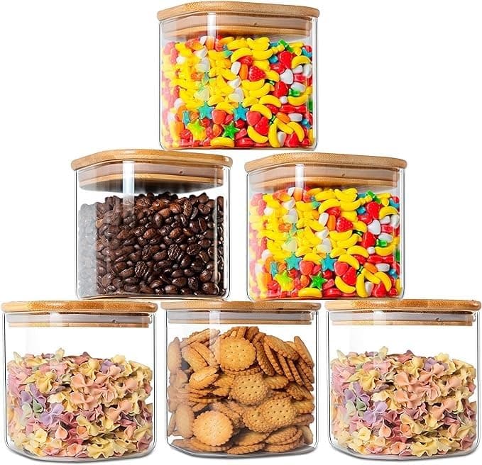 Jinelza Glass Canisters Food Storage Containers Set With Airtight Bamboo Wooden Lids - Food Storage Glass Jar for Candy, Cookie, Rice, Sugar, Flour, Pasta, Nuts (685ML SQUARE JAR, 6 PCS) Transparent