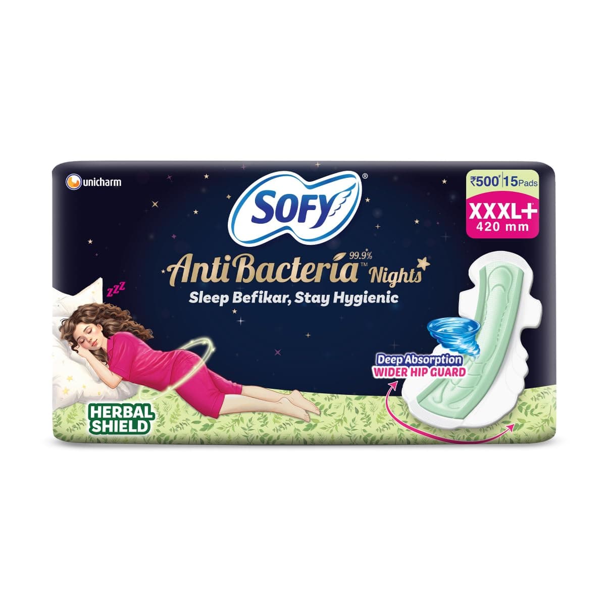 Sofy Women Anti Bacteria XXXL+ Sanitary Pads |Night Protection|Wider Hip Guard| Deep Absorption | Herbal Sheild | Hygiene & Herbs | XXXL+, Pack Of 15