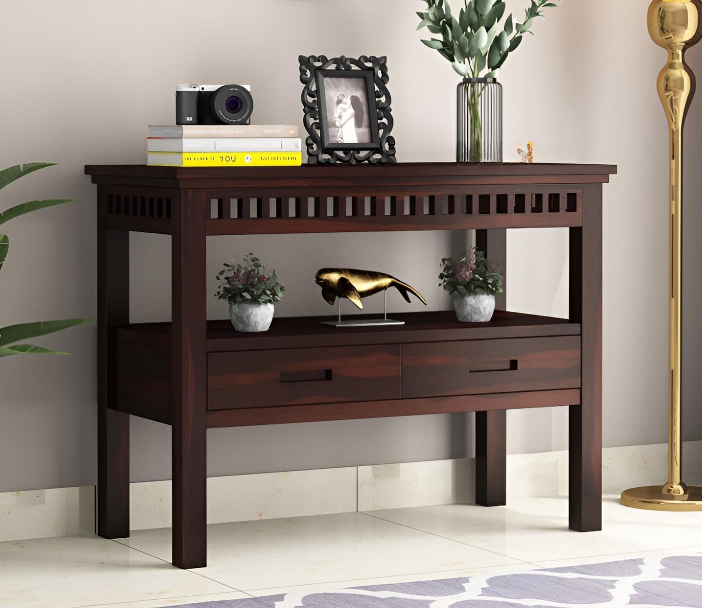 Vivek Wood Sheesham Wood Console Table for Living Room | Solid Wood Entryway Hallway Sofa & Fish Tank Table with 2 Drawers & Shelf Storage | Rosewood Walnut Finish