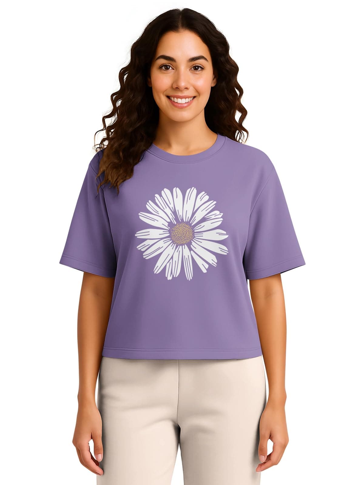 HELLCAT Trendy Printed Oversized Fit Crew-Neck Crop Tshirt for Women_Purple_Large
