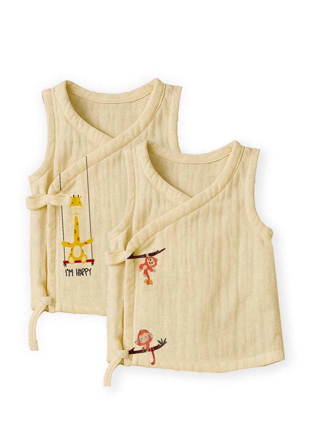 ZAMB-BO Organic Cotton Muslin Jabla for Babies | Unisex Crinkled Angarka Jhabla | Soft Breathable Baby Product | Ivory Sleeveless Vest | All Season Wear | Pack of 2 | 6-12 Months