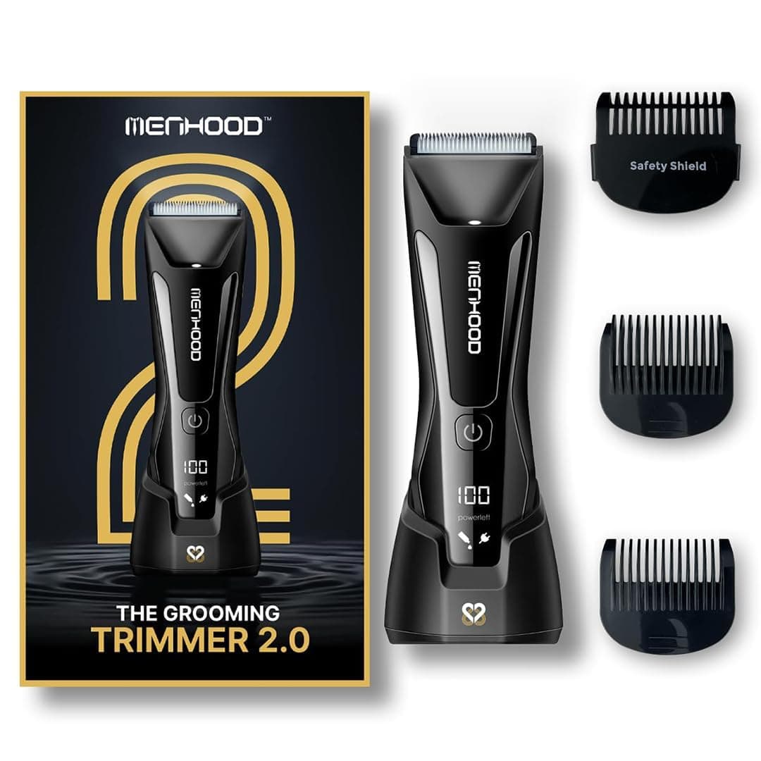 MENHOOD Trimmer 2.0 Sensitive Skin Body Ball Groin Trimmer for Men 7 Lengths IPX7 Waterproof 7000RPM Ceramic Blade No Nicks Wireless Charging LED Spotlight 150 Min
