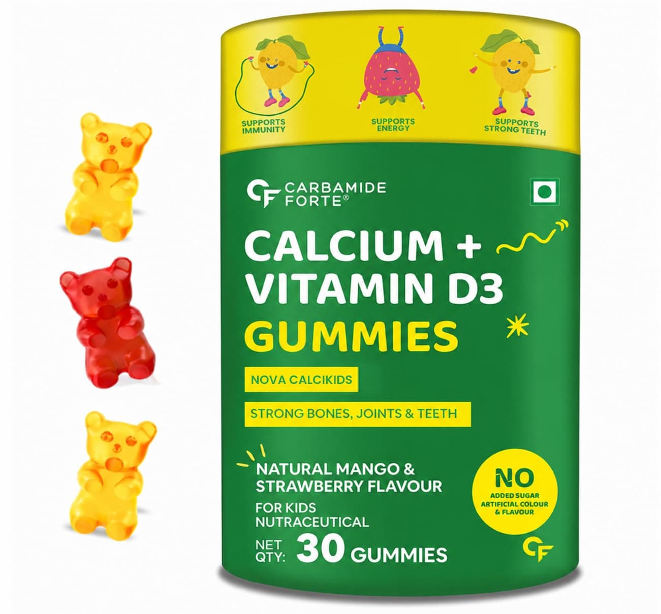 Carbamide Forte Calcium for Kids + Vitamin D3 Gummies | Calcium Gummies for Kids With Phosphorus | Calcium Supplements For Growing Bones & Teeth | Mango & Strawberry Flavour | 30 Veg Gummy