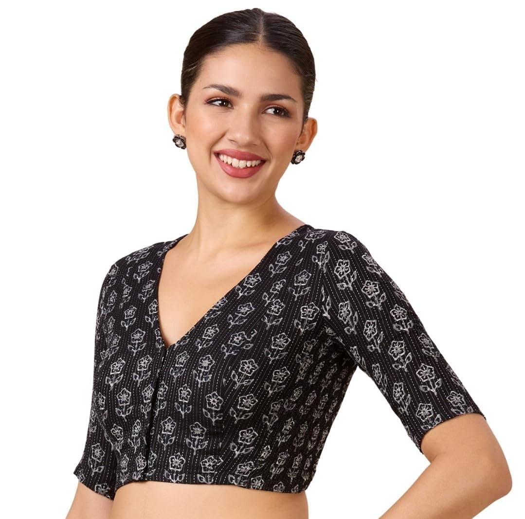 Studio Shringaar Women Cotton Half Sleeve Block Printed Saree Blouse with Stretchable Sides