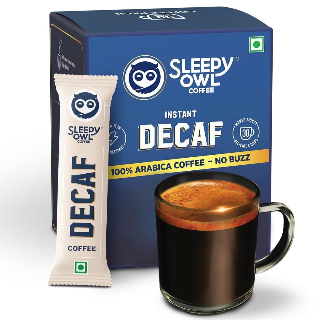 Sleepy Owl Decaf Coffee Sachets | 100% Arabica | Instant Coffee | Decaffeinated Coffee Sachet | Travel-Friendly | Smooth Taste & Rich Aroma | Make It Hot or Cold | 45g (30 Sachets x 1.5g)
