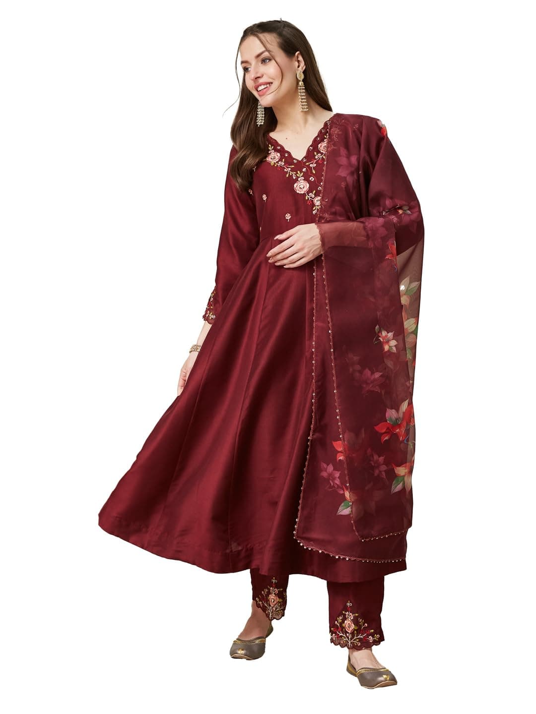MOKOSH Women’s Silk Blend Embroidered Anarkali Kurta Pant with Dupatta | Anarkali Kurta Pant With Dupatta | V Neck 3/4 Sleeve | Ethnic Wear | Floral Kurta 3 Color Available