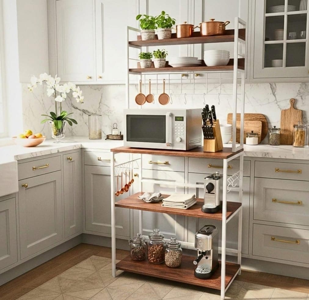 wow craft 5-Tier Storage Rack with White Frame | Multipurpose Kitchen Microwave Stand, Bookshelf & Office Organizer | Heavy Duty Metal Frame Shelf, Space Saving Rack, Easy Assembly