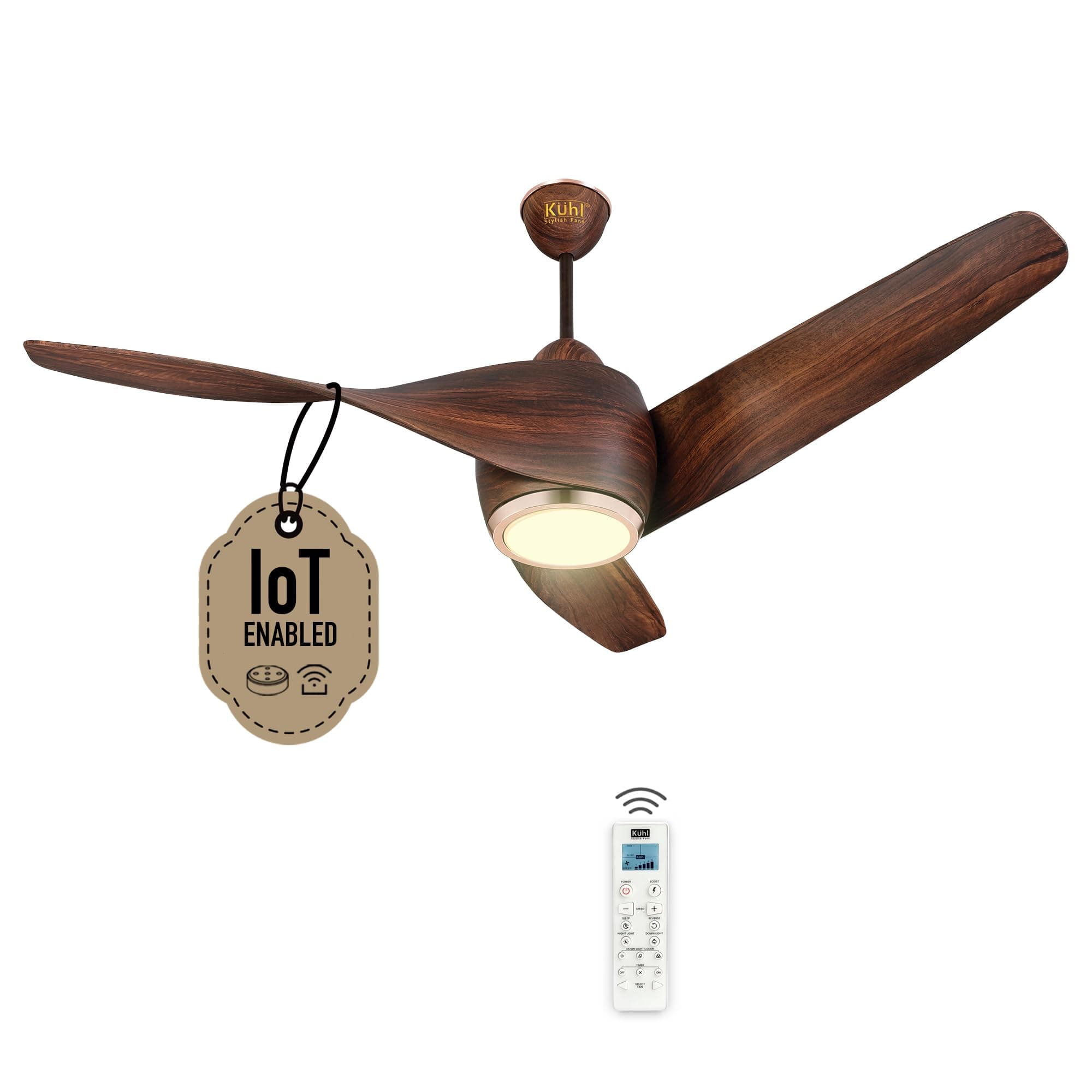 KUHL Twist L3 1320 mm 65% Power Saving BLDC Ceiling Fan | BEE 5 Star Rated & ISI Marked | High Air Flow |5YearWarranty on Motor By Brand |Free Installation | IoT – Operate via Mobile & Alexa | Teak