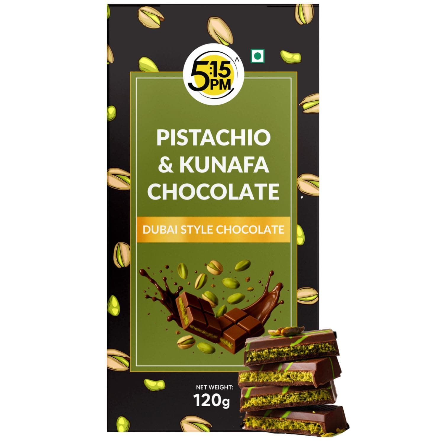 5:15PM Kunafa Chocolate Bar Dubai Style 120gm | Pistachio Kunafa Dubai Chocolate Dessert | Milk Chocolates, Creamy Pistachios & Crunchy Kunafas spread | Dubai Kunafa Chocolate Pistachio – 120gm