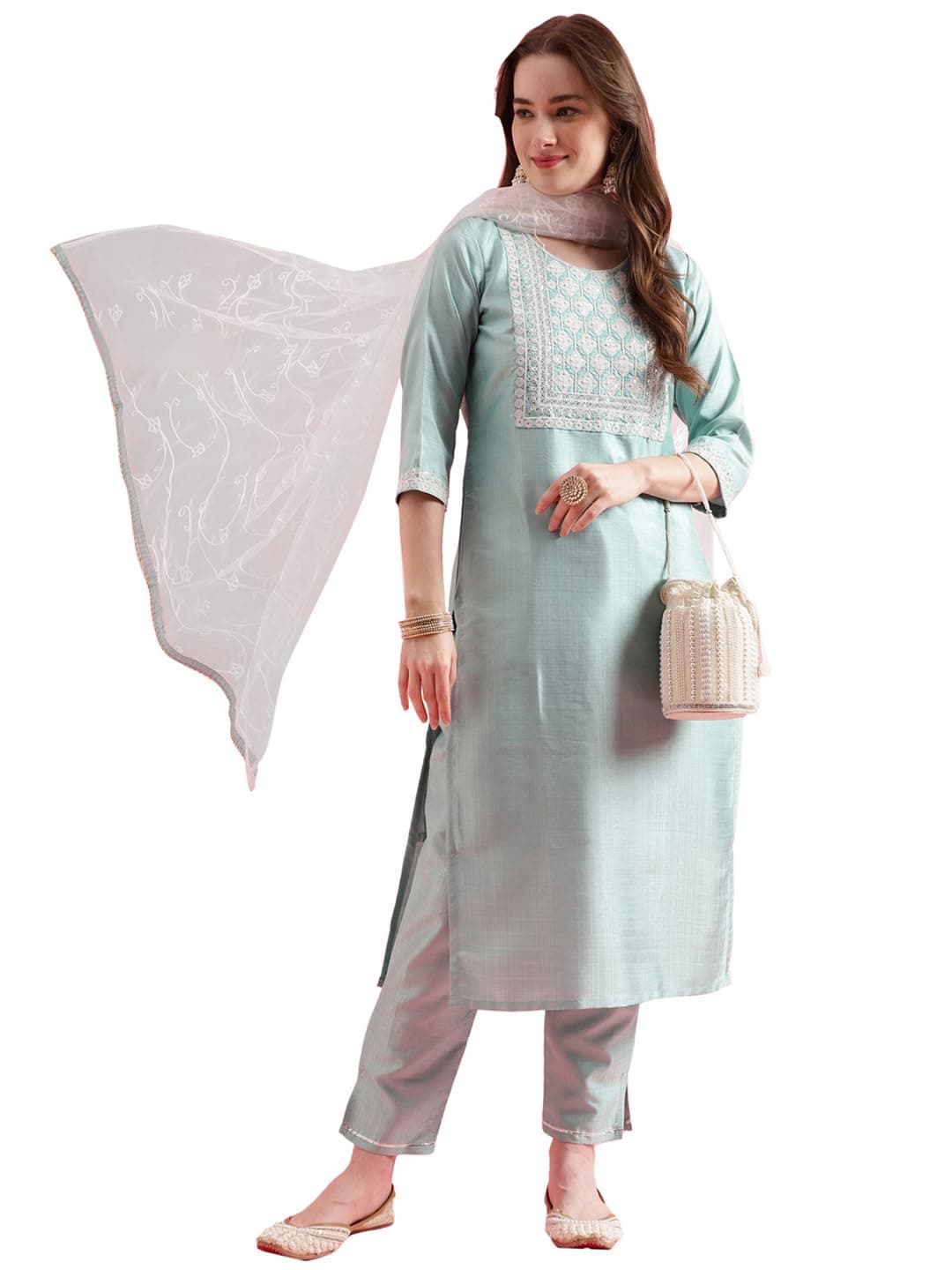 VredeVogel Women's Silk Blend Kurta Pant Set with Net Embroidery Dupatta