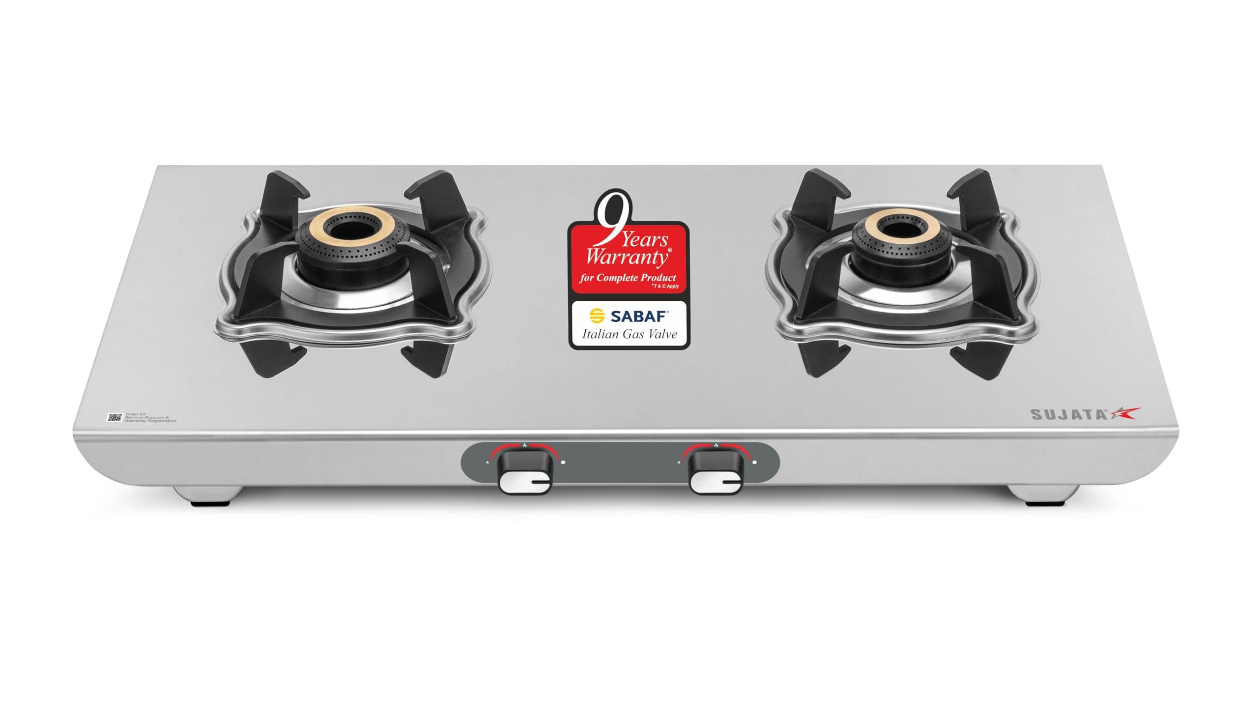 Sujata Majestic Manual Ignition Gas Stove | 9 Years Warranty | Gas Stove 2 Burners Steel, Stove 2 Burner, SABAF, ISI Certified, LPG & PNG Compatible, Brass Burner (Stainless Steel)