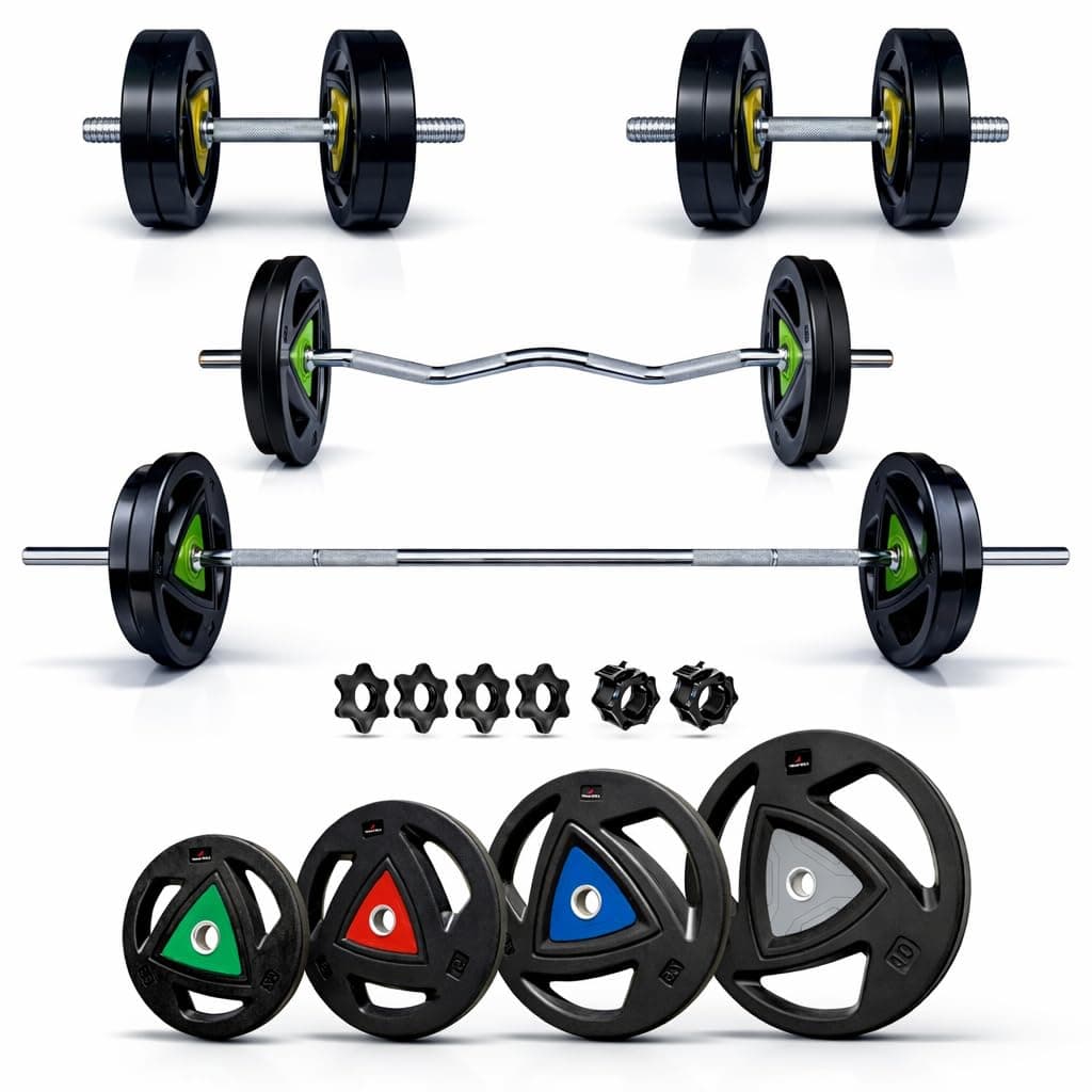 Leeway 100kg Advanced Standard Barbell Weight Plates Home Gym Set | Metal Integrated Rubber Coated | Heavy-Duty Tri-Grip 28mm | Straight Rod + Curl Rod + Dumbbell Rods (100kg Set (2.5X4+5X4+7.5X4+10X4))