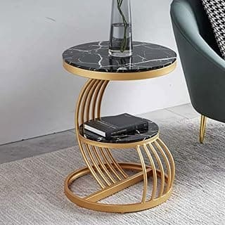 Al Hama Round C-Shaped End Snack Side Table Slide Under Couch for Sofa Coffee Laptop Living Room Bedroom Small Space Metal Frame Table (Gold & Black)