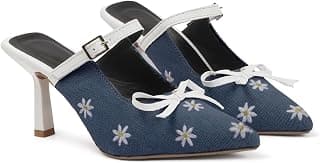 TRYME Denim Embroidered Mules Style Bow Pointed Toe Slip-on Stilettos Heel Sandals for Womens and Girls