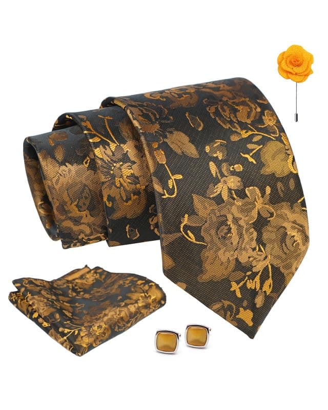 Axlon Tie for Men – Dotted Silk Neck Ties Set with Cufflinks Flower Pin, Pocket Square & Black Gift Box, Combo Necktie Sets for Office Wear, Formal Suits & Weddings (Mustard, AX24_20)