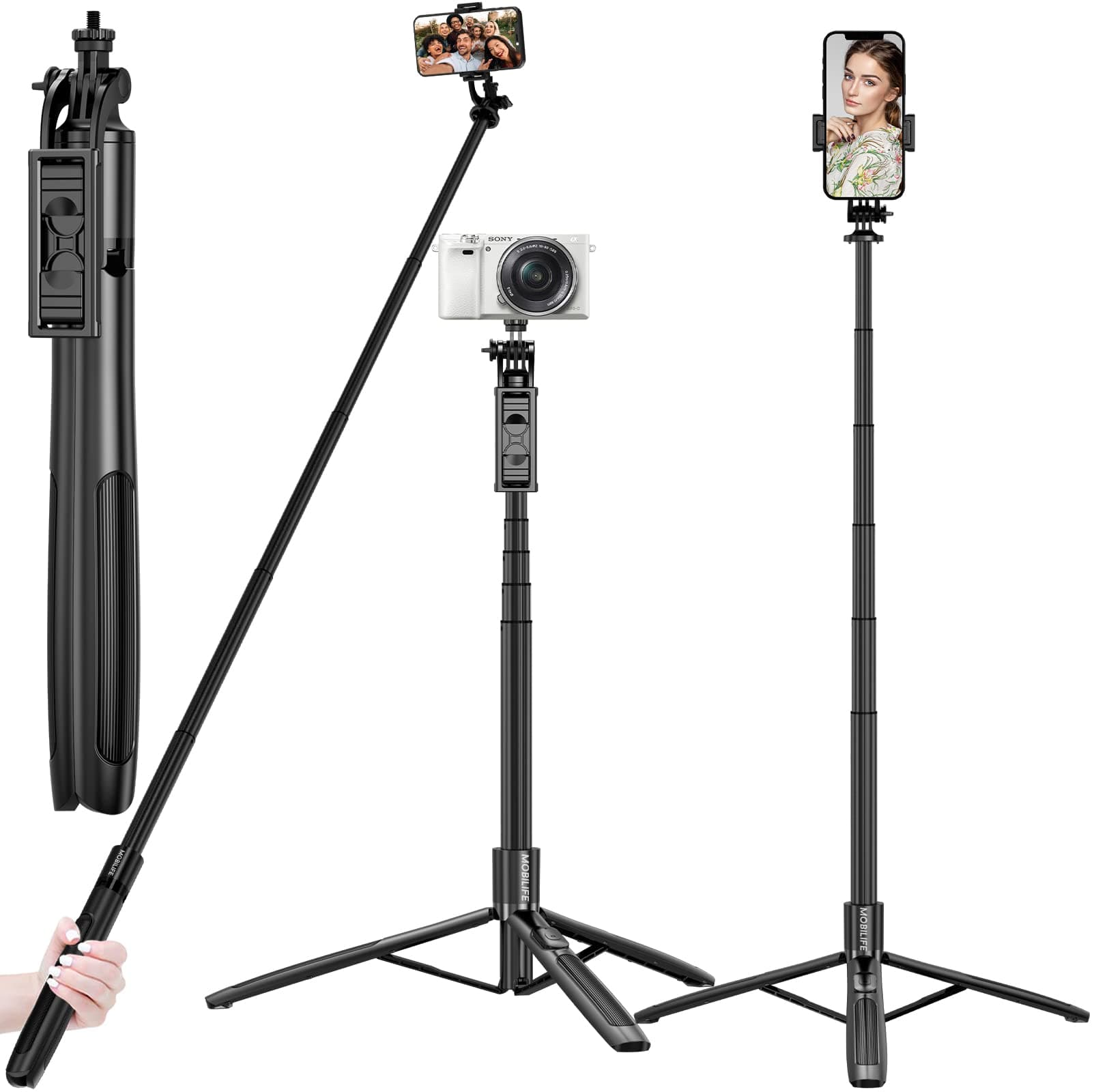 Mobilife Long Selfie Stick Tripod 61" Extended Bluetooth Remote Aluminum Mobile Tripod for iPhone Android Vlogging Live Streaming Travel 1/4" Screw for Camera Ring Light GoPro