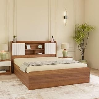 Amber Box Storage Bed, Queen Size, Leon Teak Finish, Multiple Door Options, with Headboard Storage (Leon Teak Fluted Door, Queen)