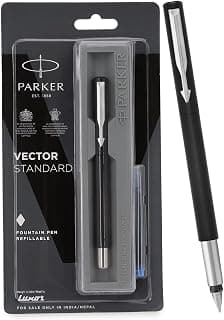 Parker Vector Standard Fountain Pen with 1 Ink Cartridge | Ink Color Blue | Black Body with Chrome Trim, Refillable Fine Nib Pen | Smooth Writing Pen for School, Office, or Gifting