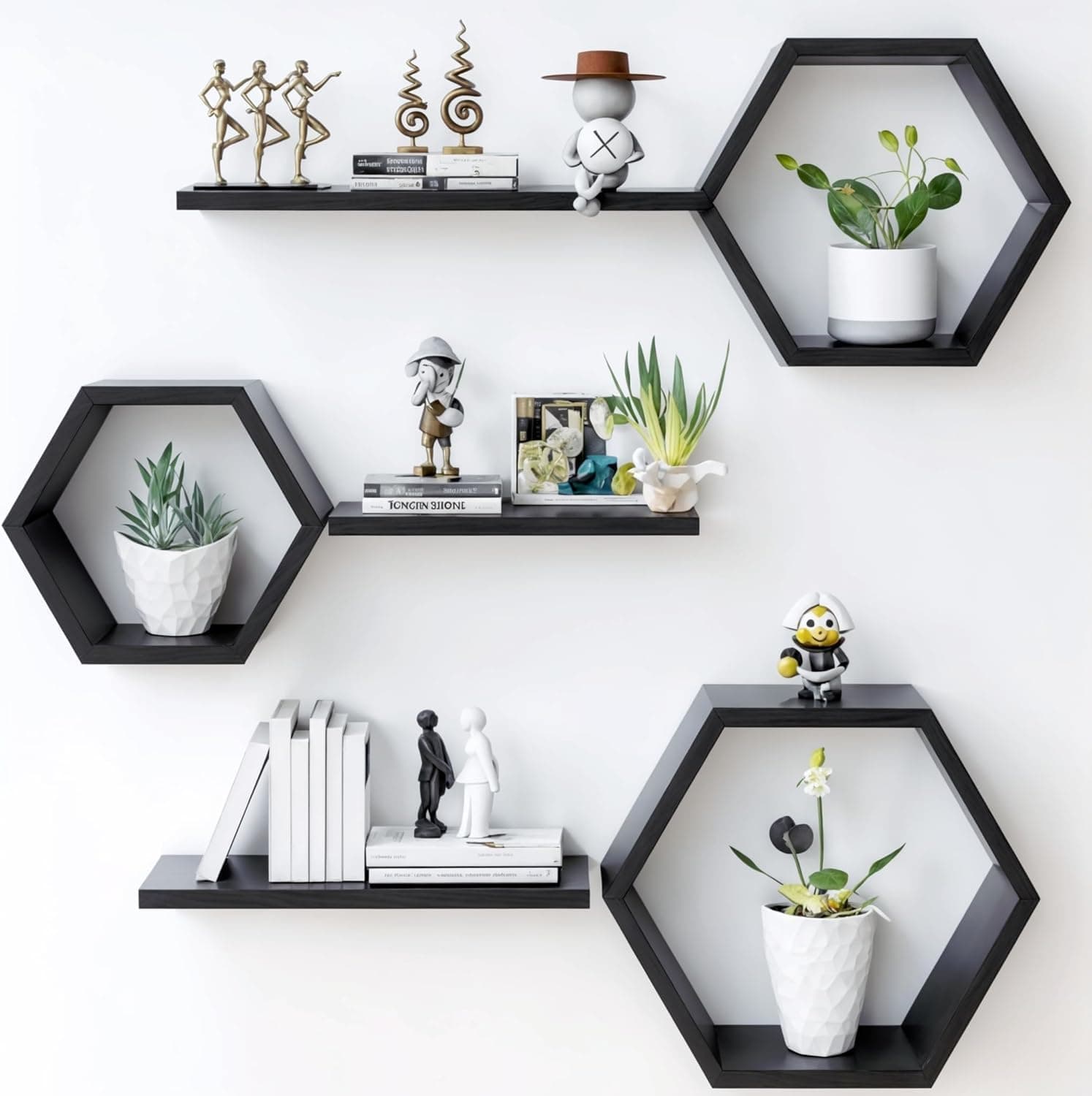 Dime Arts Shoppee Engineered Wood Woden Hexagonal Shape Wall Hanging Rack Floating Shelves for Display for Photos,Plants Living Room, Bedroom,Bathroom, Office Decor (Full Black)