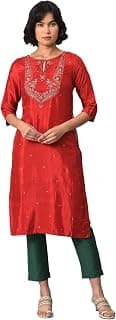 W for Woman Women's Viscose Regular Fit Casual Regular Embroidered Shantung Kurta