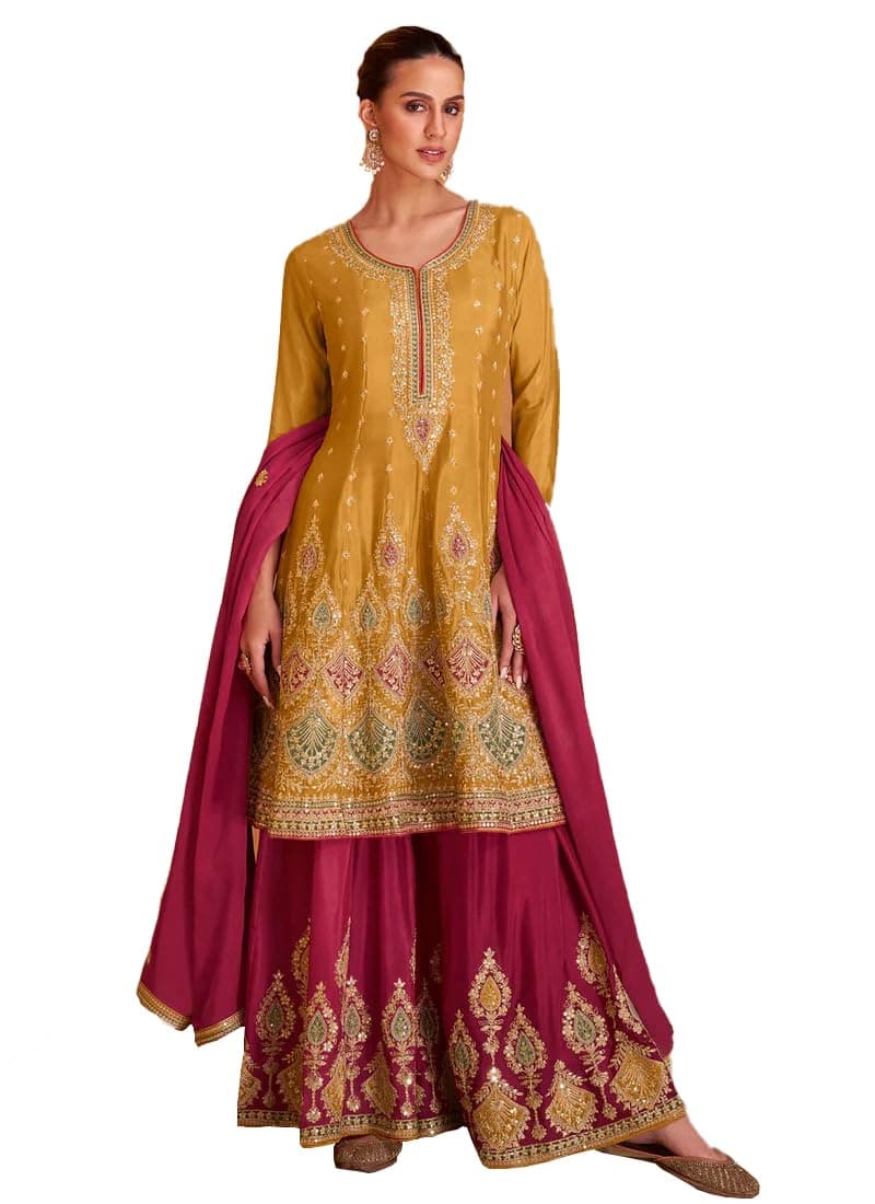 Miss Ethnik Women's Golden Yellow and Pink Color Readymade Chinon Embroidered Kurta Palazzo Set With Embroidered Dupatta (ME-1136-Yellow)