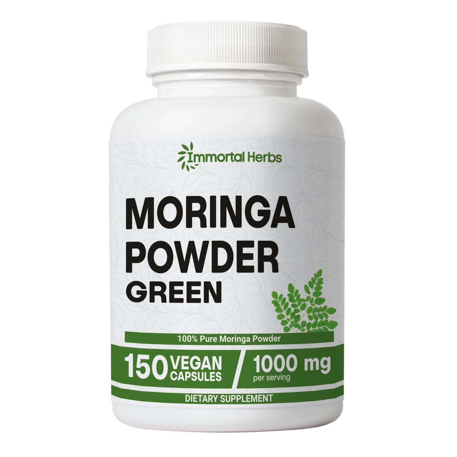Immortal Herbs Moringa Capsules, 1000mg Strength, 20:1 Pure Moringa Leaf Powder, Digestive & Immune Support Green Superfood, Non-GMO & Gluten Free
