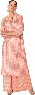 Indya Women's GEORGETTE Floral 3/4 Sleeve Regular Pink Foil Print Straight Kurta And Palazzo Pants (Set of 2) pack 1