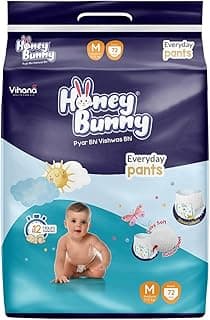 Honey Bunny Everyday Baby Diapers Pants | Medium (M), 72 Count, 7-12 kg | Silky Soft on Skin, Bubble Layer | 12 Hours Protection Baby Diaper