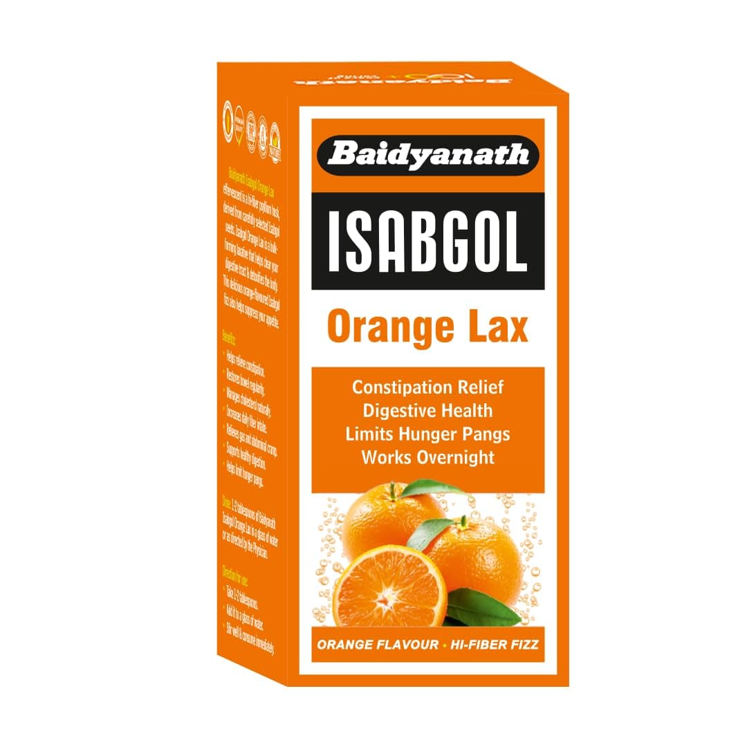 Baidyanath Isabgol Psyllium Husk Orange Lax Powder| Tasty Natural Fibre Laxative for Constipation Relief & Digestion | Effervescent, Gluten - 250g