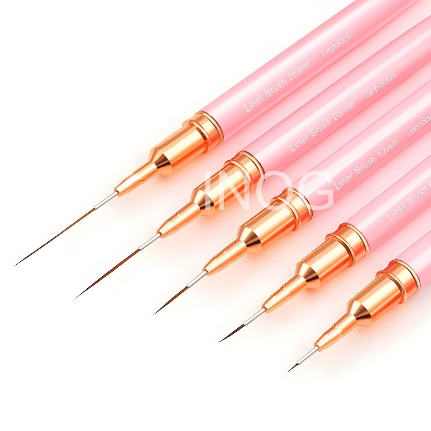 INOG Nail Art Liner Brushes, 5Pcs Painting Nail Art Brush Set Nail Dotting Drawing Tool for Long Lines, Thin Details, Fine Drawing Sizes 4/8/12/20/25mm(Pink) Nylon, Fine Point Bristle