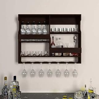 Genuine Decor Wall Mounted Wooden Bar Shelf with Glass and Bottle Holder | Rustic Wine Rack for Home Bar | Living Room | Kitchen | Handcrafted Liquor Display Shelf – Dark Wood Finish